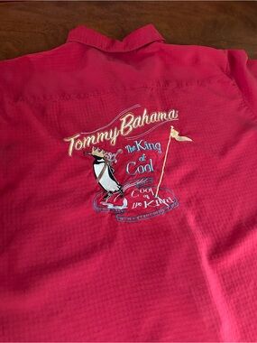 Vintage Tommy Bahama 100% Silk Camp Shirt Red Embroidered Back Sz L King of Cool